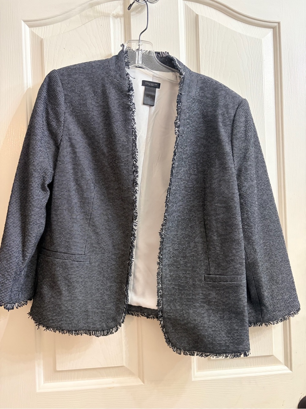 Ann Taylor Factory Grey Tweed Open-Front Fringe Jacket